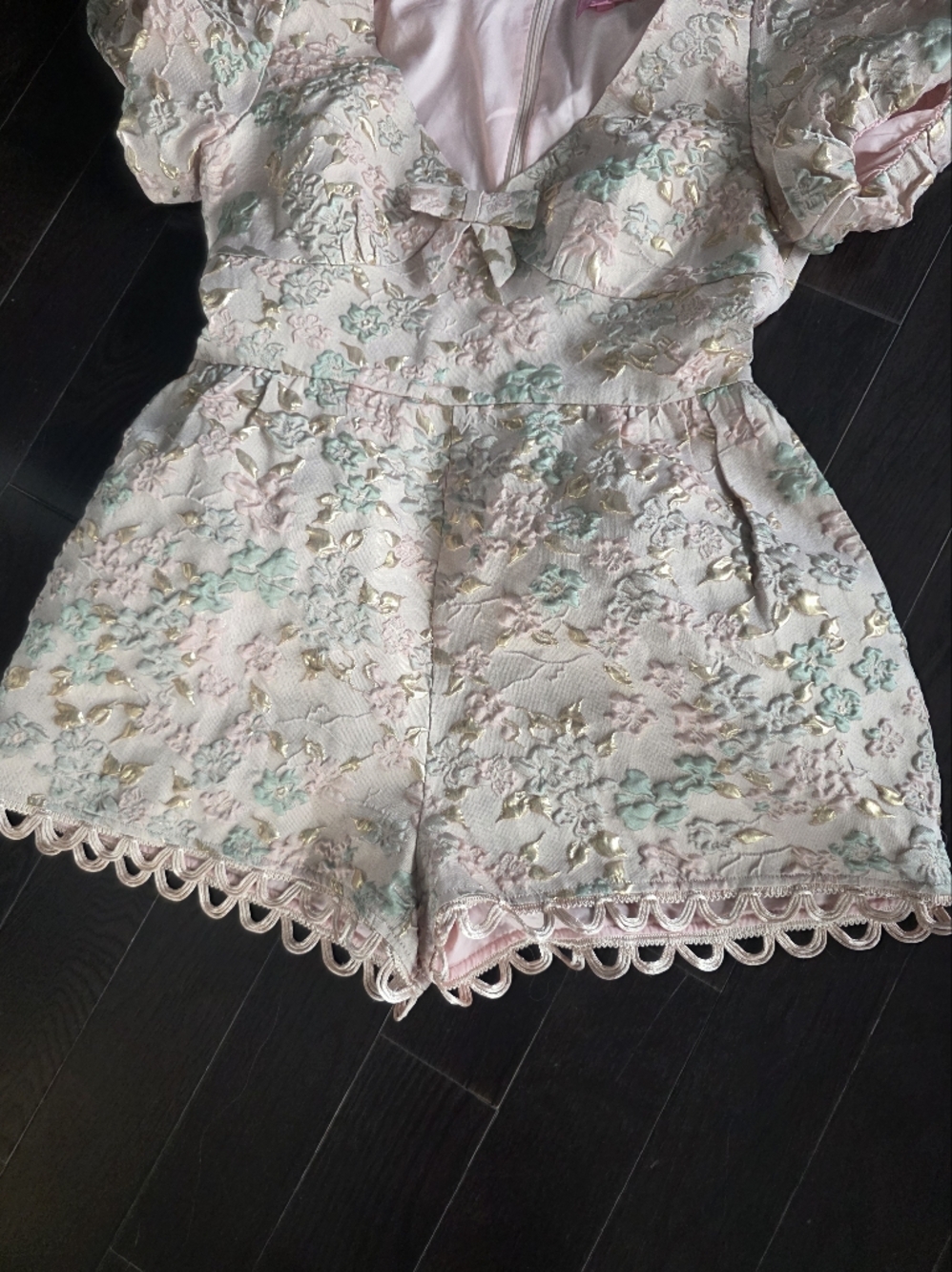 Dolls Kill Sugar Thrillz Light Pink Jacquard Floral Romper - Picture 3 of 8